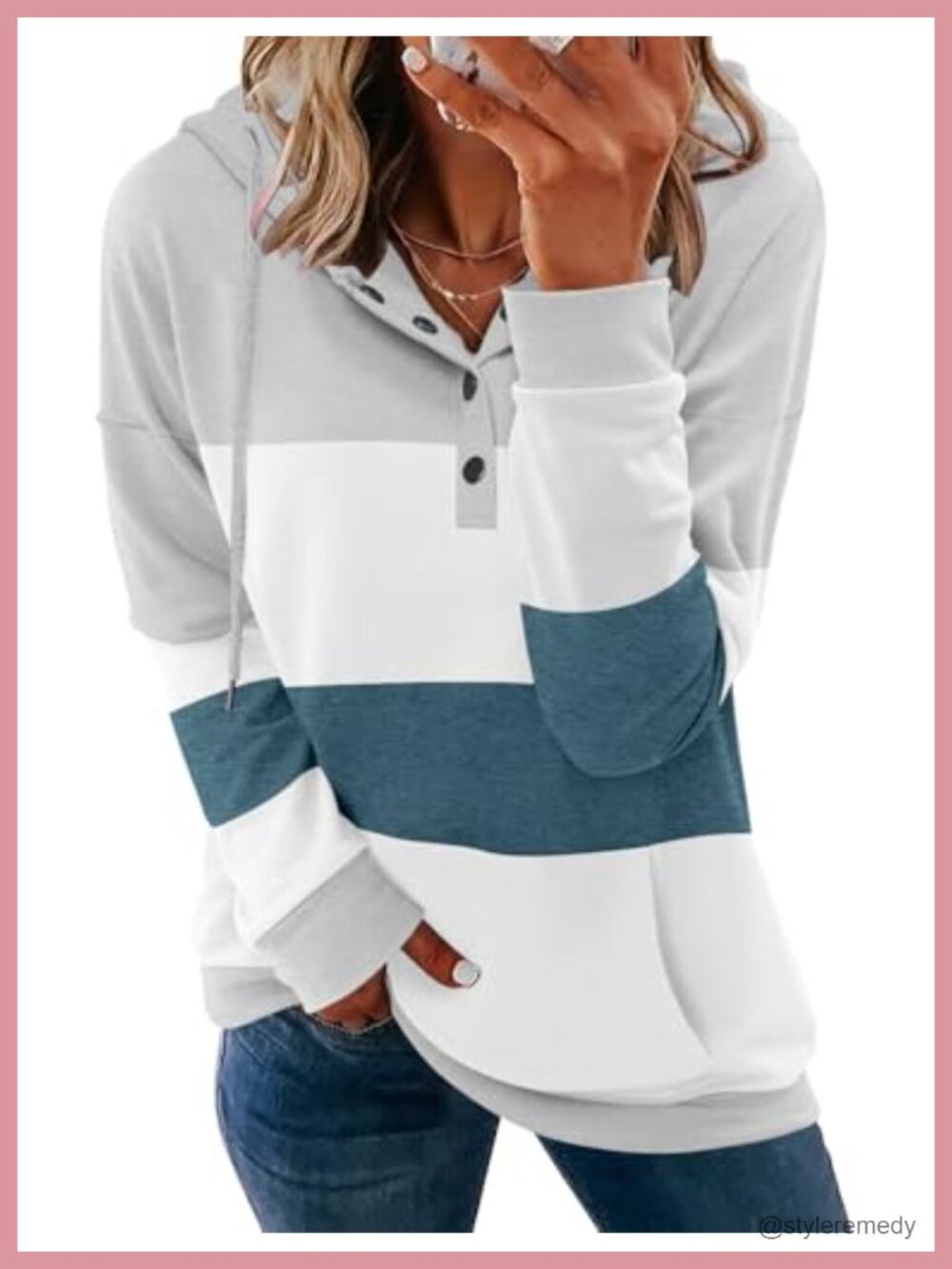 Women's Oversize Button Collar Hoodie Sweatshirt Cotton Blend Pullover